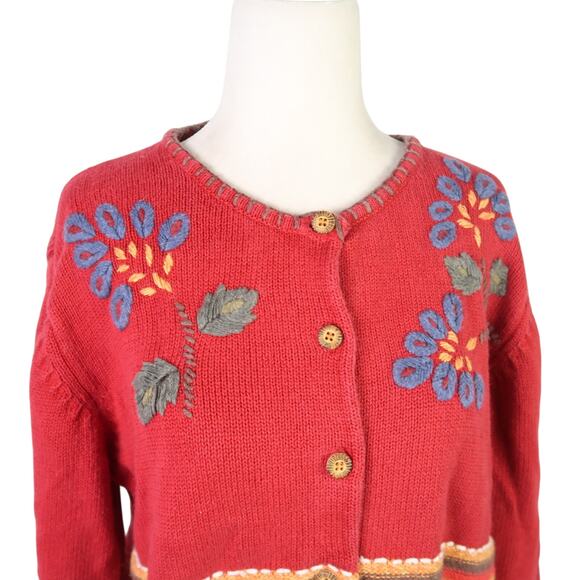 Vintage 90s Coldwater Creek Red Blue Floral Embroidered Cardigan Sweater L - Picture 3 of 6